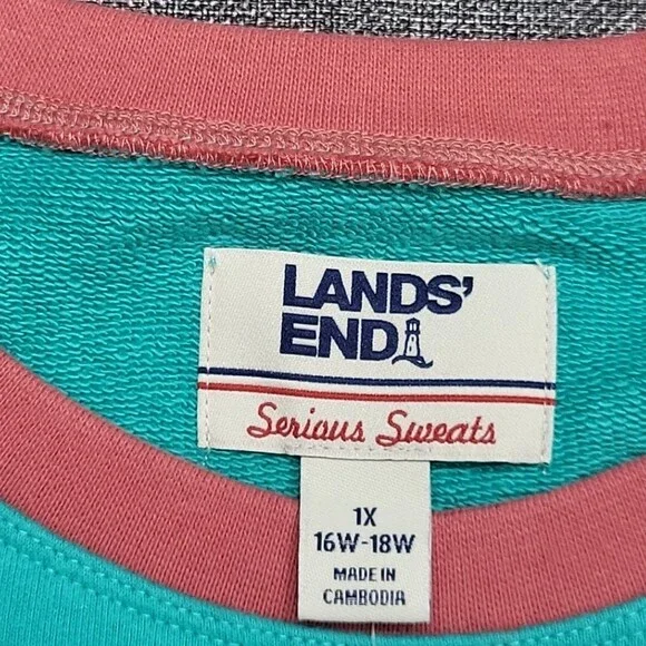 Lands End Heavy Cotton Sweatshirt 1X Plus Size Teal Colorblock Pullover Top - Picture 9 of 11